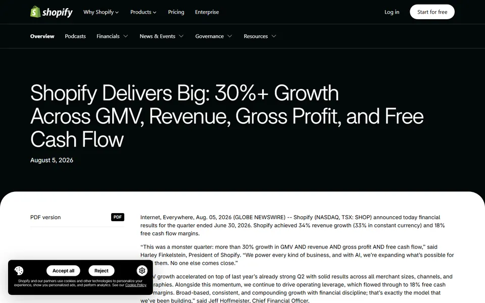 Shopify investor relations press release page headed Shopify Delivers Big with the second-quarter 2026 results.